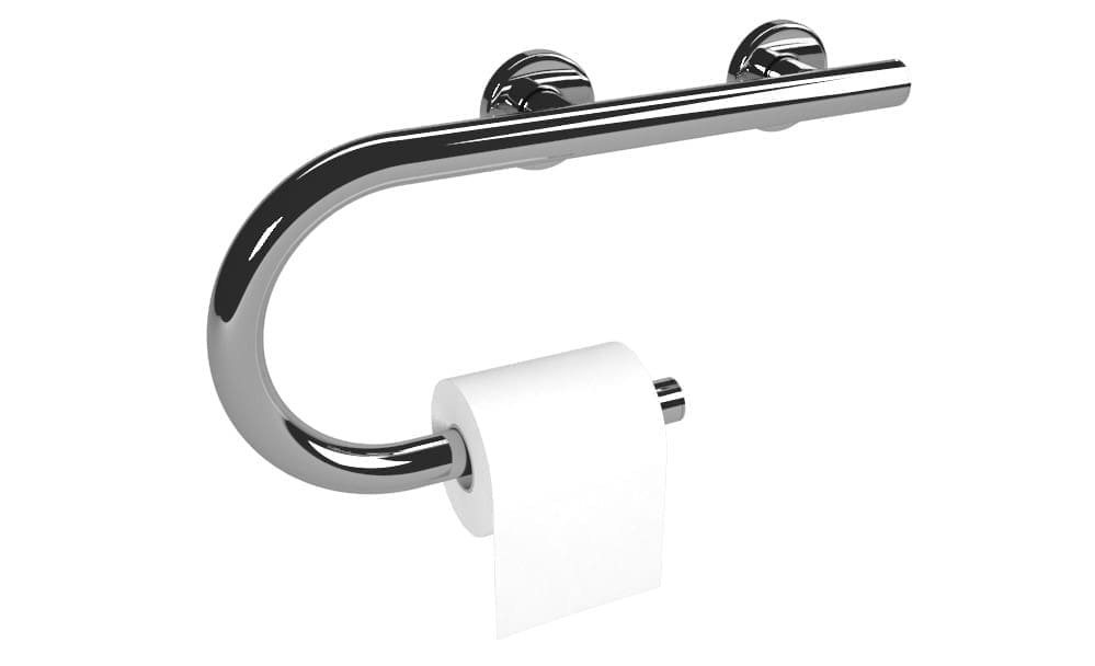 Designer grab bar toilet paper holder, Left and Right hand options. (Polished, Brushed, Bronze, and Matte Black)