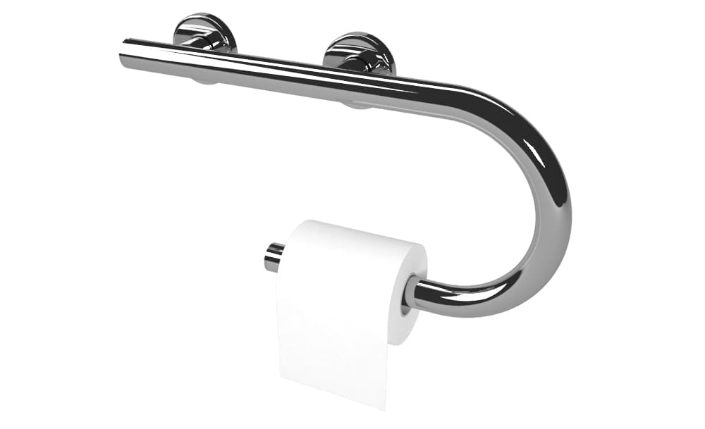 Designer grab bar toilet paper holder, Left and Right hand options. (Polished, Brushed, Bronze, and Matte Black)