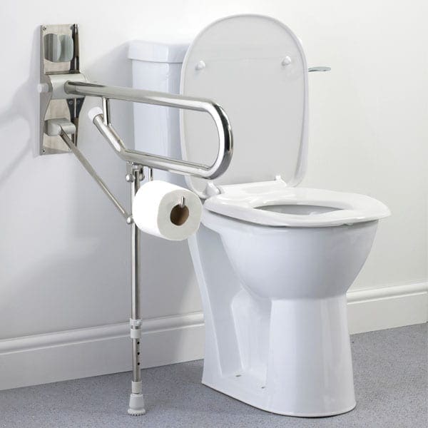 Brushed fold-up grab bar with support leg.