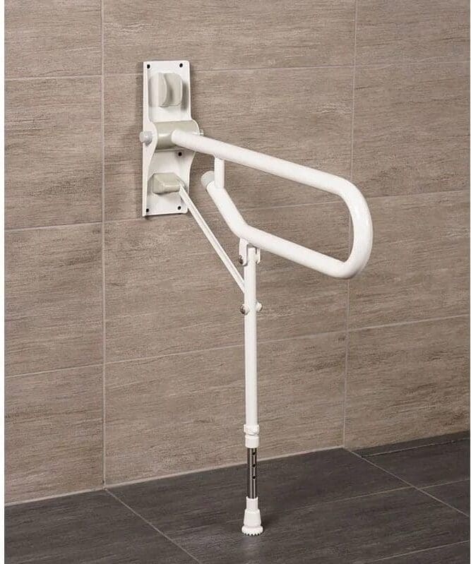 White fold-up grab bar with support leg.