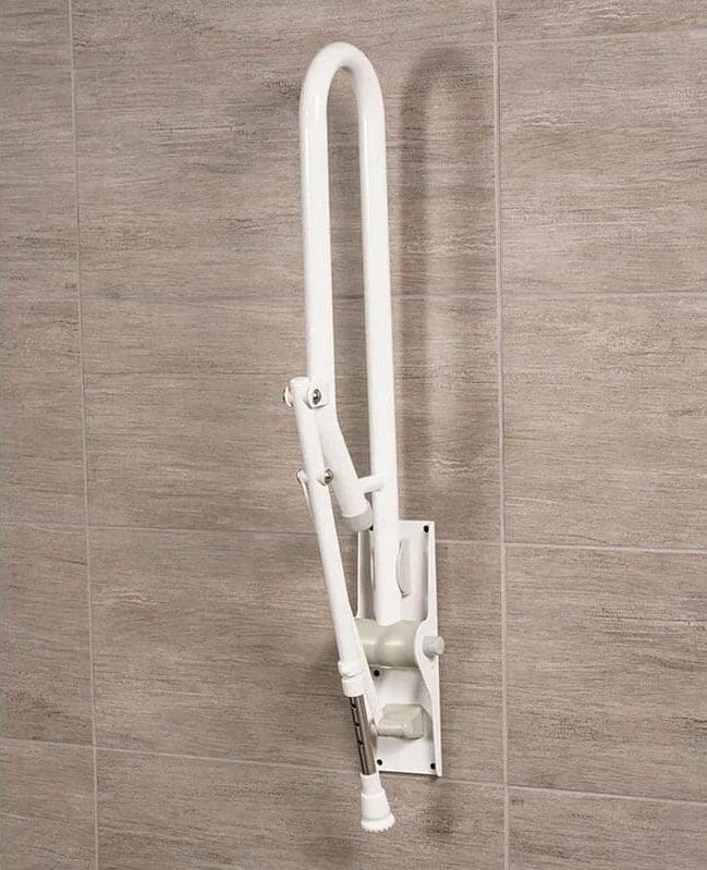 White fold-up grab bar with support leg.