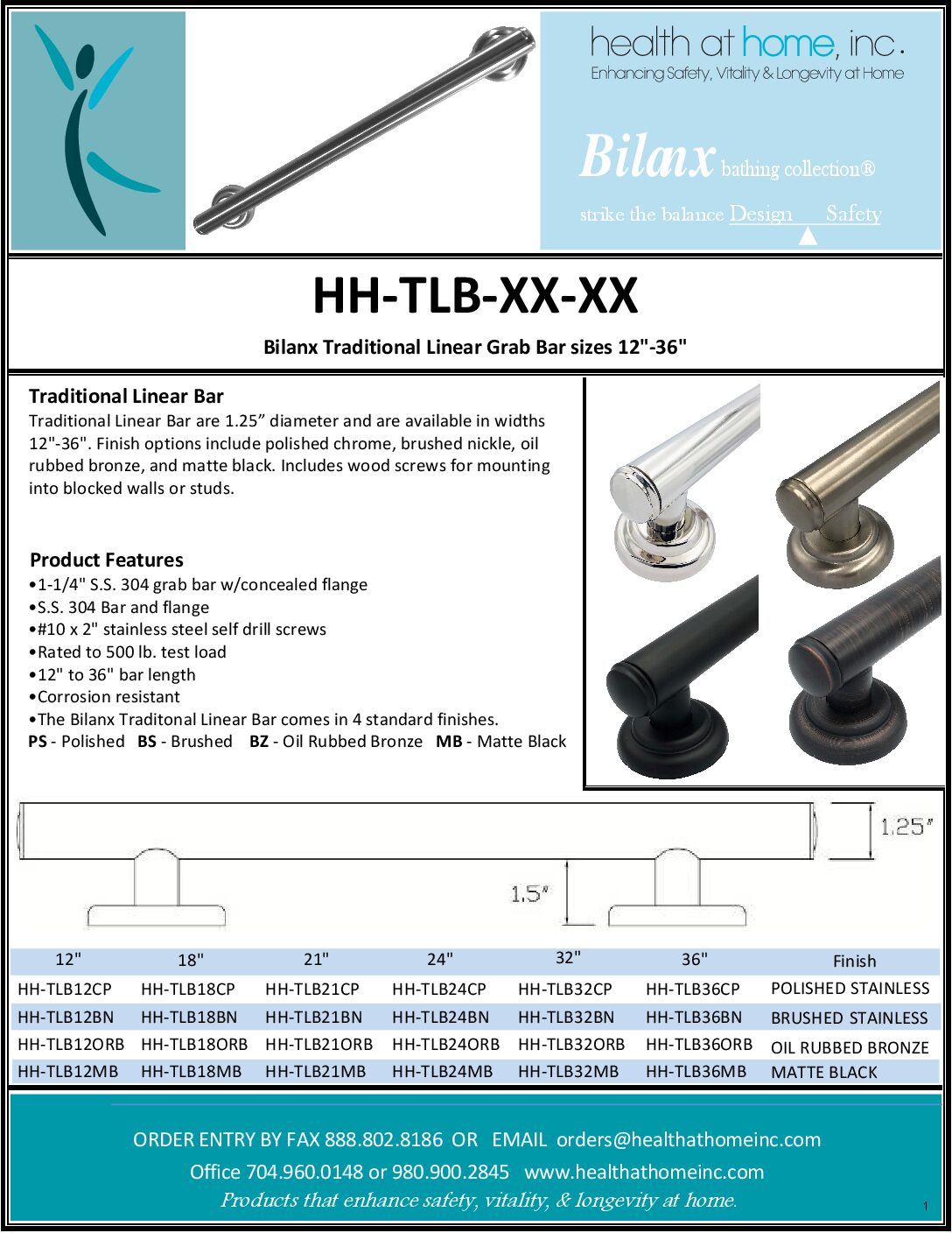 Bilanx Traditional Linear Grab Bars (12" , 18" , 24" , 36")
