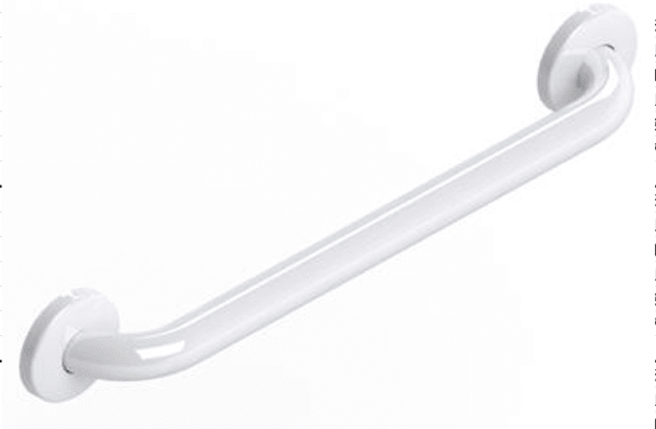 White Warm-To-Touch grab bars. Available sizes: 12", 16", 18", 24", 30", 36", 42", 48".