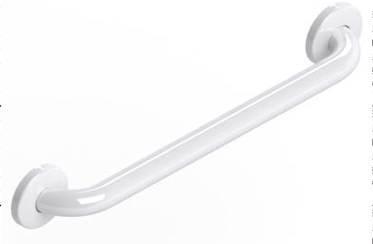 White Warm-To-Touch grab bars. Available sizes: 12", 16", 18", 24", 30", 36", 42", 48".