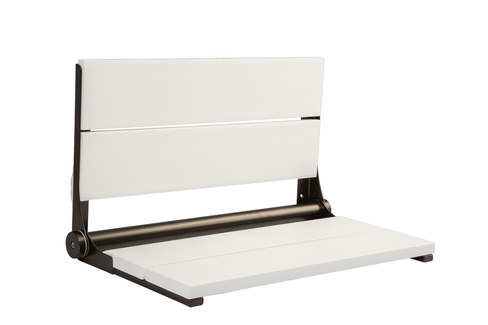 26 Inch folding shower seat with white slats and a bronze frame.
