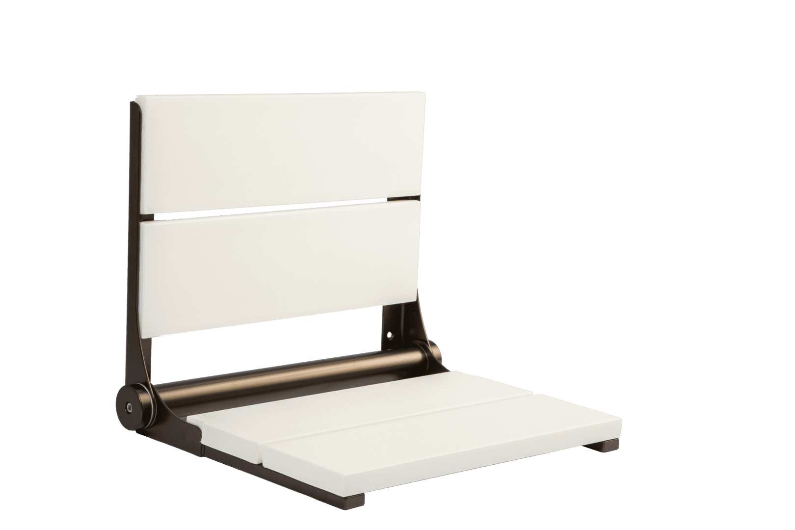 Folding shower seat with white slats and a bronze frame.